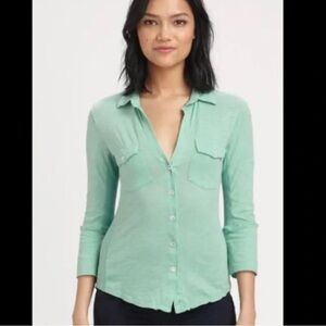 James Perse Ribbed Panel sheer Slub Button Down Roll Cuff Top green teal